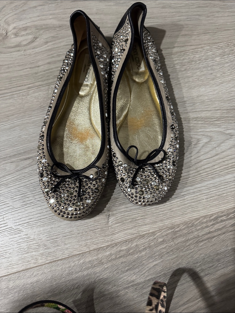 Jimmy Choo Gold Crystal Ballet Flats with Black Trim